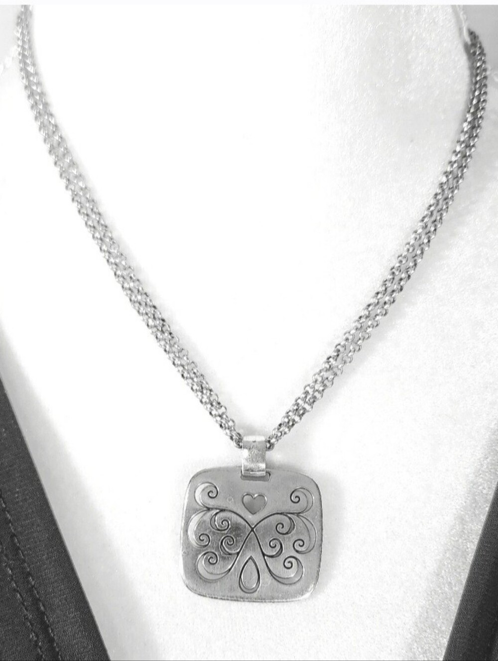 Brighton Silver Square Filigree Heart Pendant Multi Strand Necklace.
